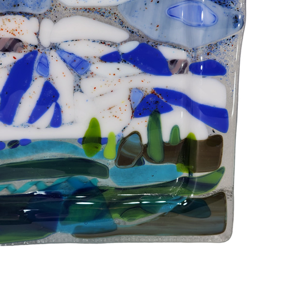 Fused Glass Plate Square 7.5x7.5" Mountain‎ Lake Trees Clouds Blue Green White - Picture 5 of 10